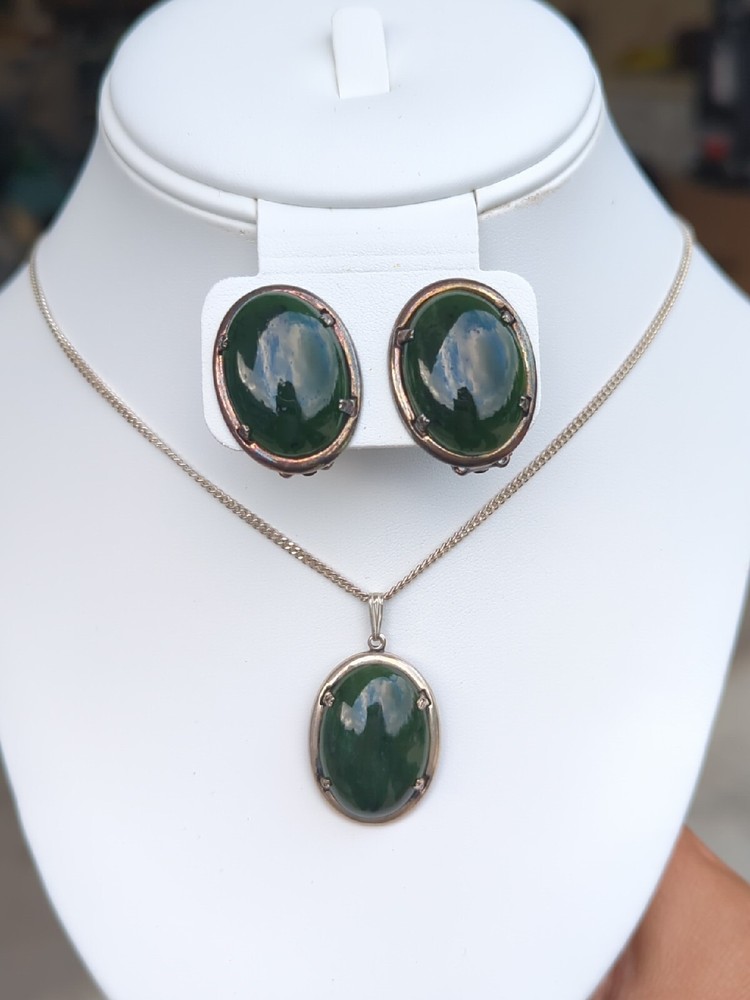 VINTAGE Sterling 925 Necklace Earrings Set Signed JJJ CHALCEDONY ? HEAVY A7