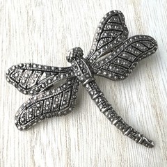 Vintage Luminous Dragonfly Brooch Silver Tone Faux Marcasite Textured Insect Pin