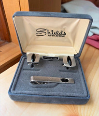 Vintage 1960 Shields Fifth Avenue Silver and Black Cufflinks and Tie Bar in Orig