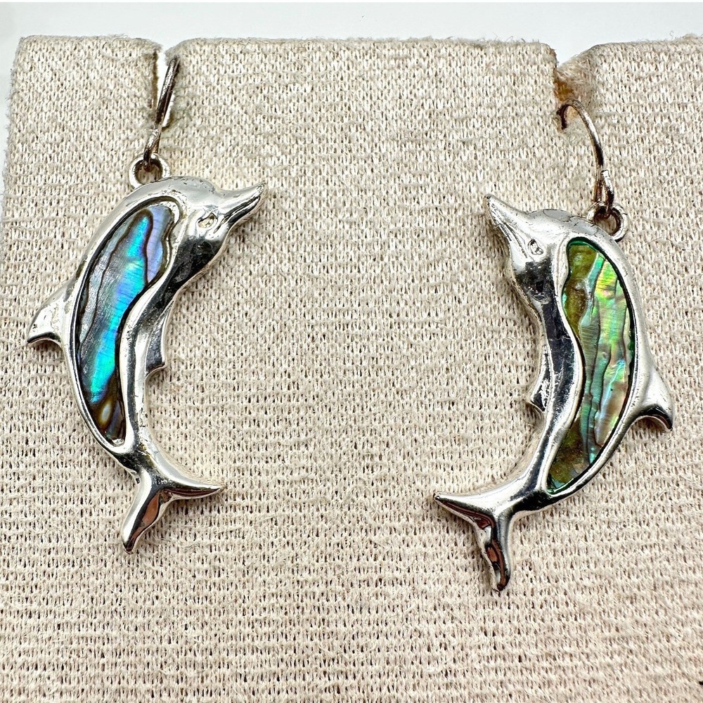 VTG Alpaca Mexico Silver Tone Dolphin Drop Dangle Earrings Inlaid Abalone Shell