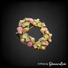 Vintage Pastel Multicolor Moonglow Cabs Faux Pearl Rhinestone Wreath Brooch Pin
