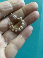 Vintage Gold tone faux pearl half hoop pierced earrings 1/2”