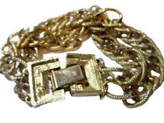 GOLD TONE TEXTURED AND SHINY LINK FANCY DOUBLE STRAND CHAIN BRACELET VINTAGE