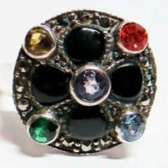 Sterling 925 Silver Ladies Ring Orange Yellow Green Blue Black Stone Size 7.75
