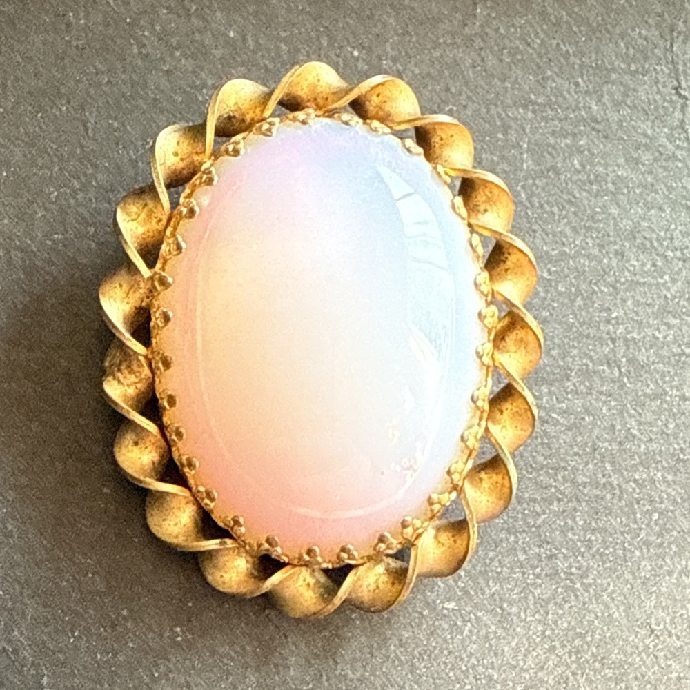 Antique Gold Tone Opaline Cabachon C Clasp Brooch Pin