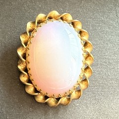 Antique Gold Tone Opaline Cabachon C Clasp Brooch Pin
