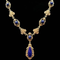 Vintage Lapis Lazuli Jewelry Set Gold Statement Necklace Earrings Royal Blue