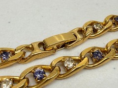 Vintage Rhinestone Necklace Gold Tone Curb Link Chain 22 in Purple, Clear Gems