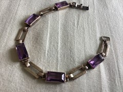 Vintage Sterling Silver 14 K Gold Purple Glass Line Bracelet 7.25”