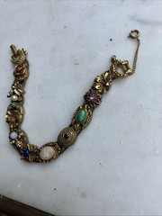 Vintage GOLDETTE NY Victorian Revival Charm Slide Bracelet Jeweled Rhinestone