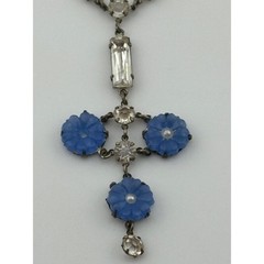 Antique Art Deco Rhinestone Flower Y Drop Necklace Silver Tone READ