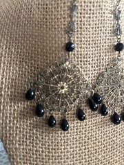 Vintage Chandelier Earrings- Filigree & black Teardrop Dangles