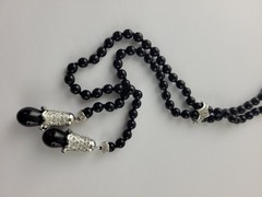 Black Glass Bead Rhinestone Tassel Lariat Necklace +Enhancer Signed Replica 44″
