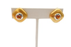 Vintage Clip On Earrings Gold Tone Orange Rhinestone