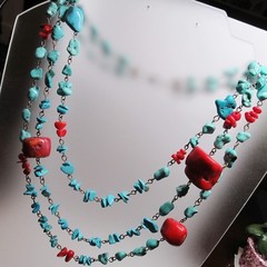 Blue Turquoise Red Coral Nugget 3 Strand Adjustable Length Western Necklace