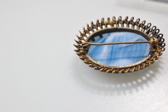 Vintage Filigree Bright Blue Slag Art Glass Brooch Pin oval bezel ML11