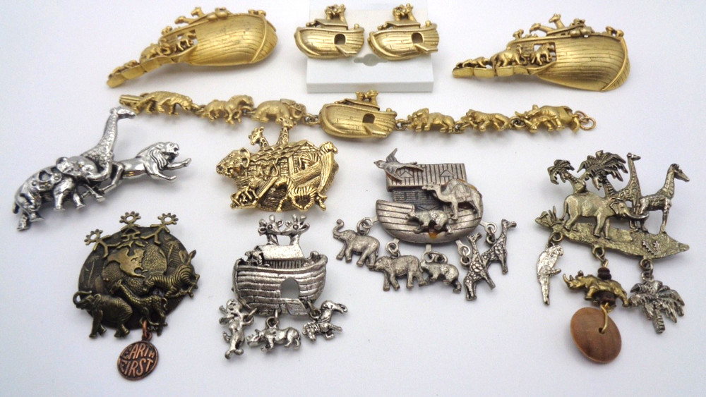 10 Vintage Gold & Silver Tone Noah’s Ark Animal Bracelet Brooch Clip Earring Lot