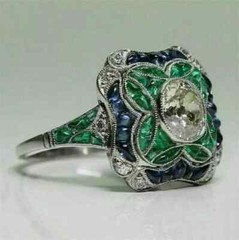 Art Deco Style Lab Created Diamond Emerald Engagement Ring 14k White Gold FN
