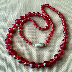 Czech Glass Bead Necklace Red Vintage Faceted Graduated Statement Long 24 Inch