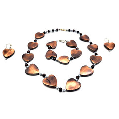 Handcrafted Copper Colored Hearts Necklace Bracelet Earrings Set Vintage plastic