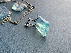 Vintage JAPAN Opal glass Intaglio Sterling Silver Necklace & Earrings Set