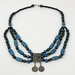 Vintage Antique Silver Tone Bedouin Glass Trade Beads Necklace Artisan Coins 21”