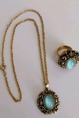 Vintage 1971 Sarah Coventry Czarina Aqua Blue Necklace Ring Set Gold Tone