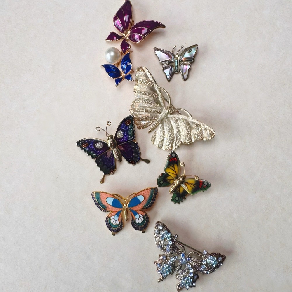 Vintage Butterfly Brooch Lot 7pc BSK Sterling Mexico 925 Enamel Rhinestone