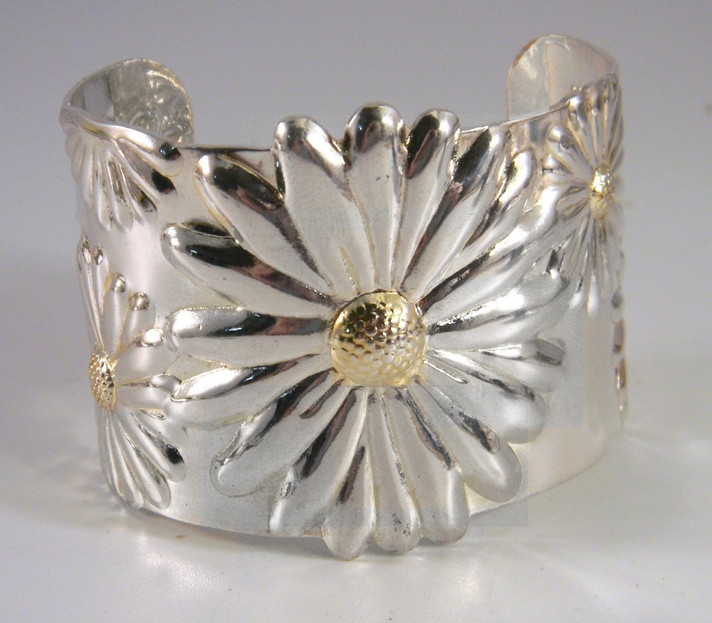 925 Sterling Silver Vintage Sunflower Bracelet Carved Daisy Flower