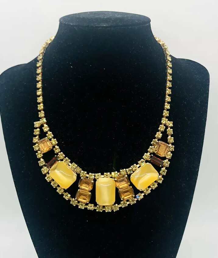 Wide JULIANA Delizza & Elster Rhinestone Necklace Cat’s Eye Vintage Jewelry