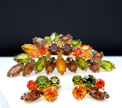 Juliana Rhinestone Brooch Clip Earrings Set Fall Colors Demi Parure Vintage