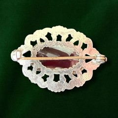Antique Victorian Brooch Pin Red Glass Silver Tone C Clasp Filigree