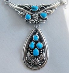 BIG CAROL FELLEY SOUTHWEST STERLING NECKLACE, 48 GRAMS, 3 1/8 x 3 INCHES PENDANT