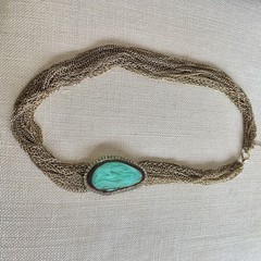 Vtg Multi Strand Gold Tone Chain Statement Necklace Marbled Green Rhinestones