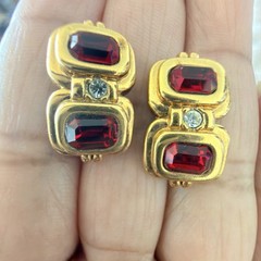 Vintage Gold Tone Ruby Red Rhinestone Geometric Art Deco Revival Post Earrings