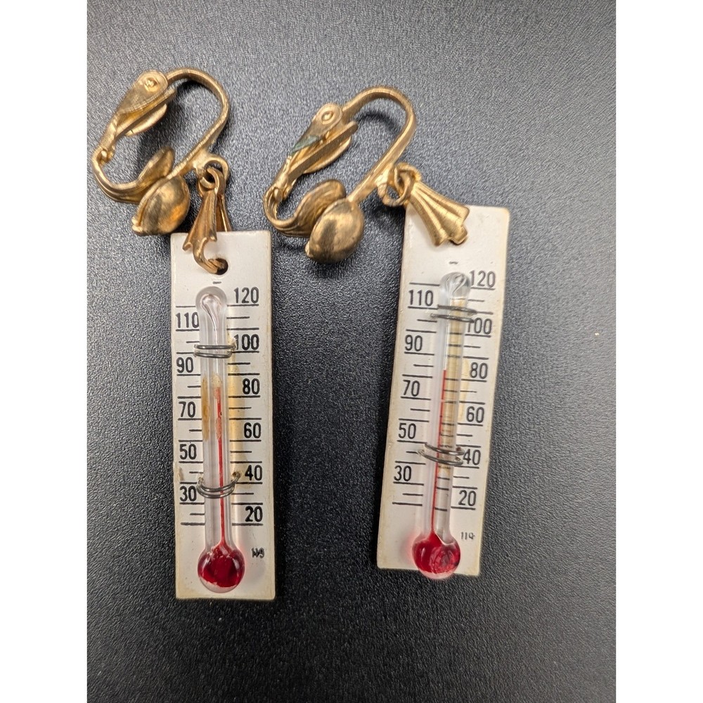 Vintage 1950s Working Thermometer Clip On Earrings Novelty Kitsch Jewelry