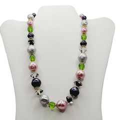 Colorful Glass & Faux Pearl Style Multi Color Shape Bead Vintage Necklace 21 In