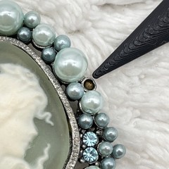 Vintage Blue Cameo Brooch Faux Pearl Rhinestone Silver Tone AS IS 1.75″