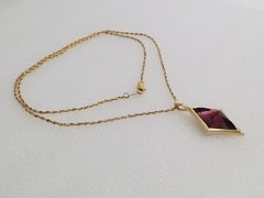 Vintage Gold Tone Simulated Amethyst Purple Glass Stone Pendant Necklace