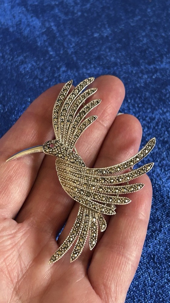 Vintage Large Estate Sterling Silver Hummingbird Brooch Pin With Amethyst Eye