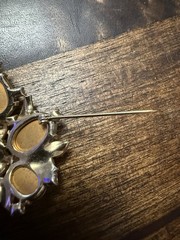 Vintage Joseph Mazer Jomaz Golden Ridged Moonstone Cabochon & Rhinestone Brooch
