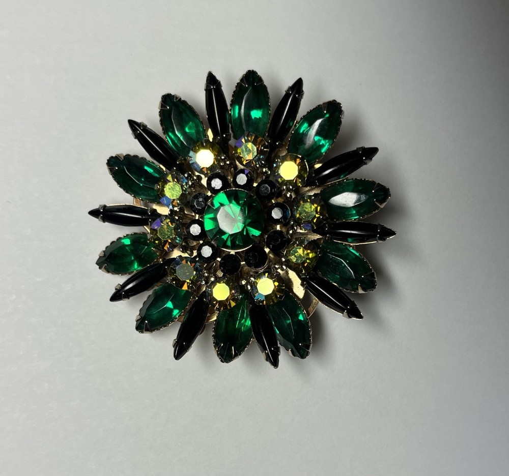 Vintage Emerald Green & Black Rhinestone Flower Brooch Pin Aurora Borealis