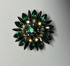 Vintage Emerald Green & Black Rhinestone Flower Brooch Pin Aurora Borealis