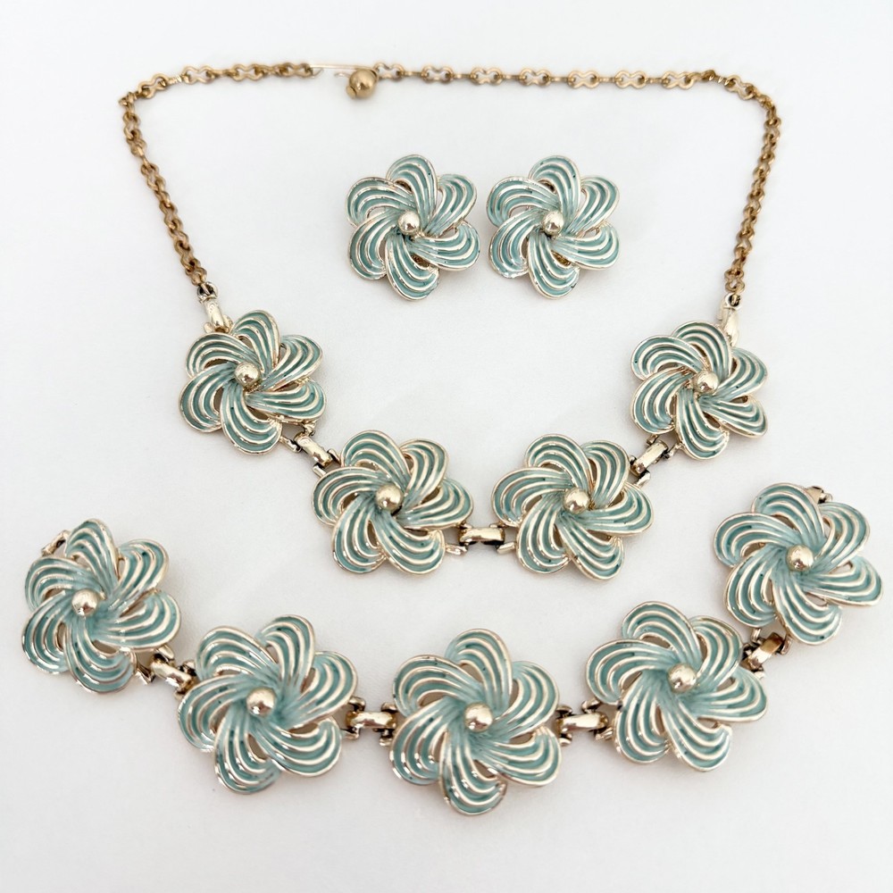 Vintage Pastel Blue Enamel Flower Set Earrings Necklace Clip On Earrings Spring