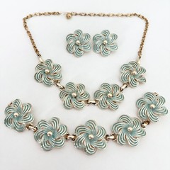 Vintage Pastel Blue Enamel Flower Set Earrings Necklace Clip On Earrings Spring