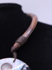 Vintage 1980’s UNIQUE handmade wood, leather, shell MOP length necklace
