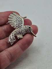 Vintage HummingBird In Flight Brooch Pin Silver Tone Rhinestones With Green Eye