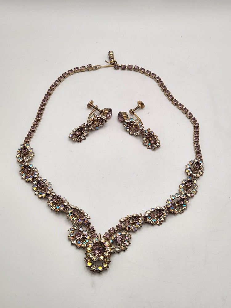 Vintage Light Purple Lilac & AB Rhinestone Necklace & Screwback Earrings Set