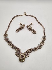 Vintage Light Purple Lilac & AB Rhinestone Necklace & Screwback Earrings Set