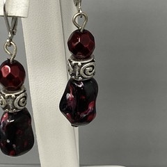 Beaded Dangle Drop Earrings Garnet Color Silver Tone Leverback Acrylic Pierced